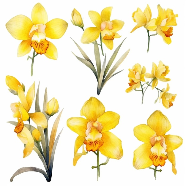 Yellow flowers are arranged in a row on a white background generative ai