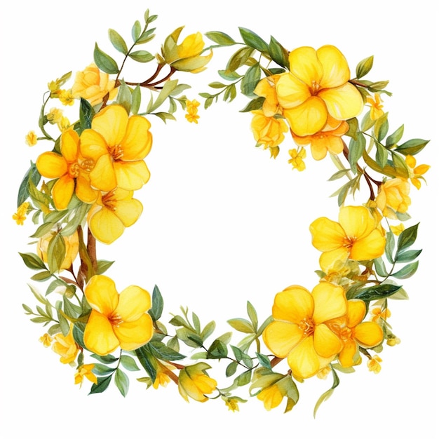 Yellow flowers are arranged in a wreath on a white background generative ai