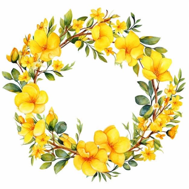 Photo yellow flowers are arranged in a wreath on a white background generative ai
