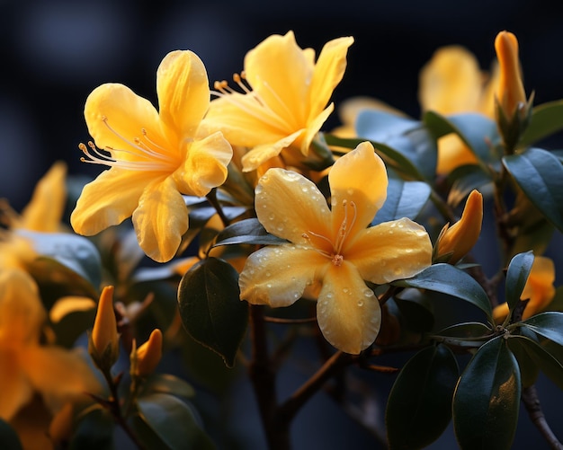 yellow flowers are blooming on a plant