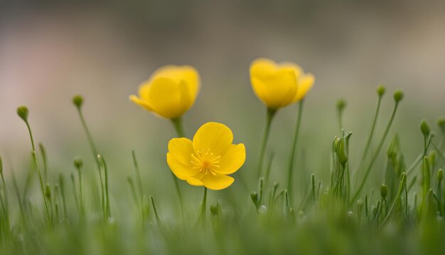 yellow flowers are growing in the grass and the grass is green