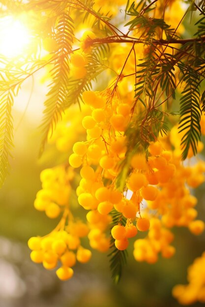 Yellow flowers are hanging from a tree branch in the sun generative ai