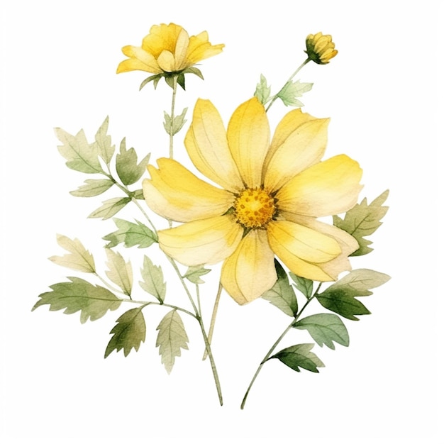 Photo yellow flowers are painted in watercolor on a white background generative ai