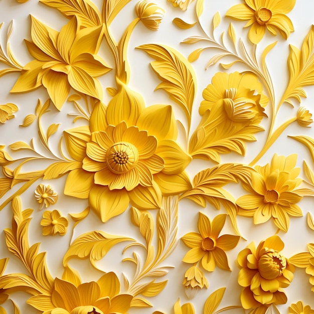 Yellow Flowers Are Painted On A White Surface With A White Background