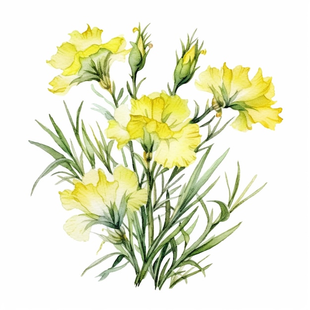 Yellow flowers are shown in a watercolor painting on a white background generative ai