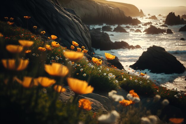 yellow flowers bloom over mountains by the shore