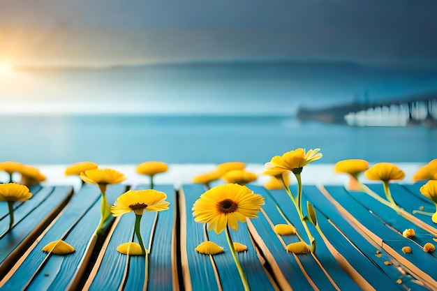 Yellow flowers on a blue table with a ship in the background