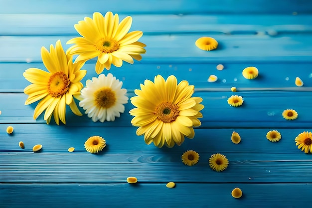 Yellow flowers on a blue table