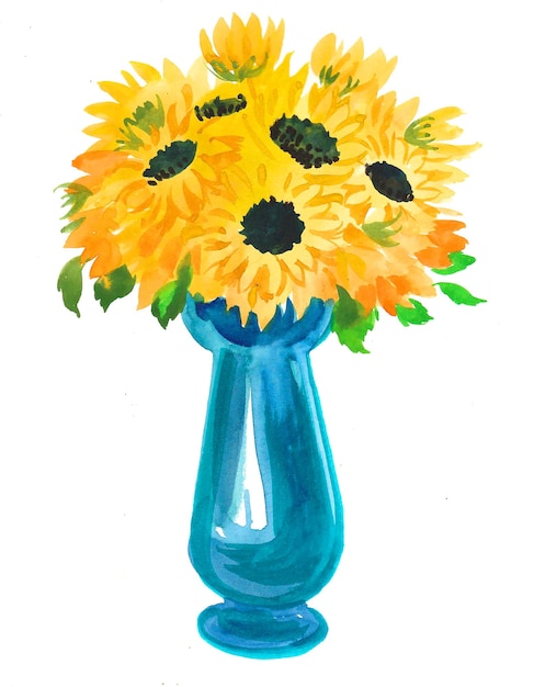 Желтые цветы в синей вазе. Рисунок тушью и акварелью