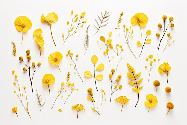 Yellow flowers branches leaves and petals in a flat view isolated on a white background