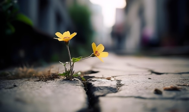 Yellow flowers in a crack in a street