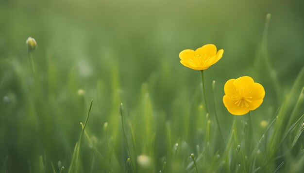 Photo yellow flowers in a field of green grass with the words  wildflower  on the bottom