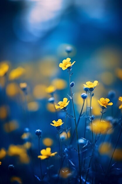Yellow flowers in a field with a blue background generative ai