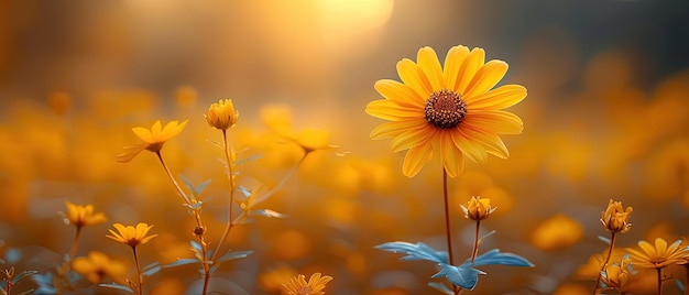 yellow flowers in a field with a sun shining in the background