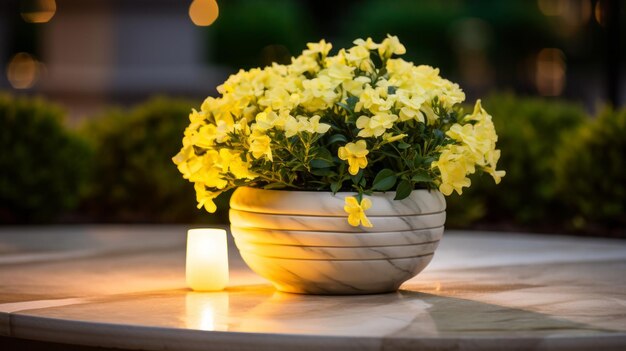 Yellow Flowers In Garden On Dark Night Table With Candle