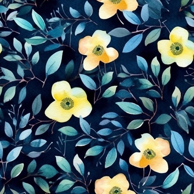 yellow flowers and green leaves on a black background generative ai