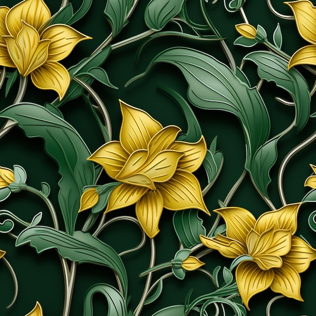 Yellow flowers and green leaves on a dark green background generative ai