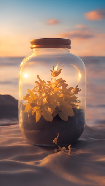 Photo yellow flowers inside glass jar on the beach on the sand