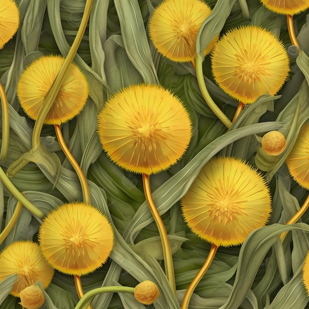 Yellow flowers and leaves are arranged in a pattern generative ai