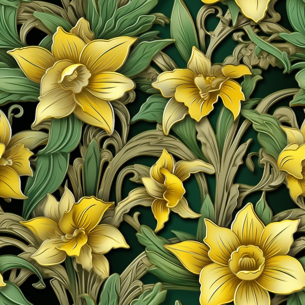 Yellow flowers and leaves are on a green background generative ai