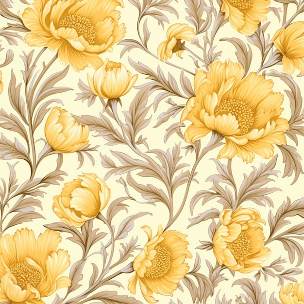 yellow flowers and leaves on a cream background with a brown border generative ai