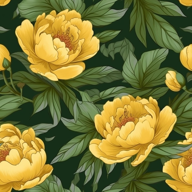 yellow flowers and leaves on a dark green background generative ai