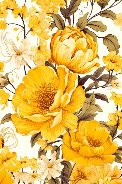Yellow flowers and leaves on a white background generative ai
