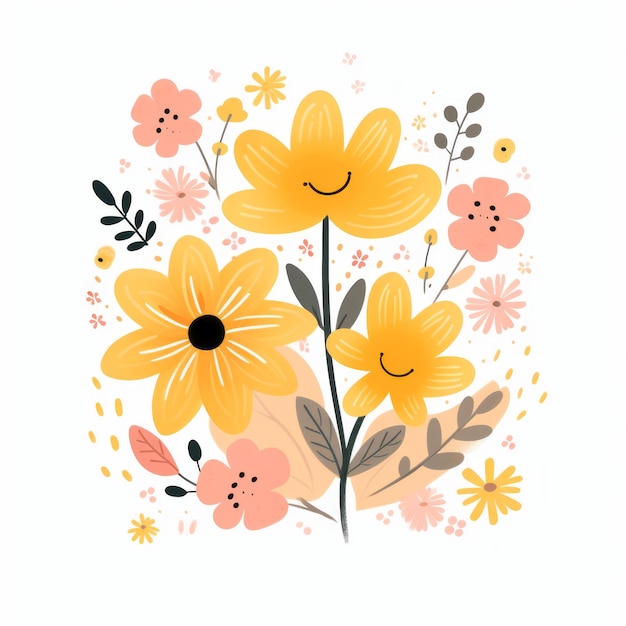 yellow flowers and leaves on a white background