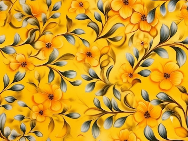 Yellow flowers and leaves on a yellow background with a black and white stripe generative ai