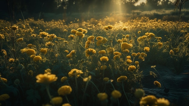 夕暮れの牧草地の黄色い花ビンテージ トーン生成 ai