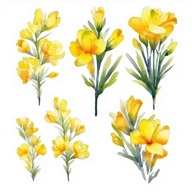 Photo yellow flowers painted in watercolor on a white background generative ai