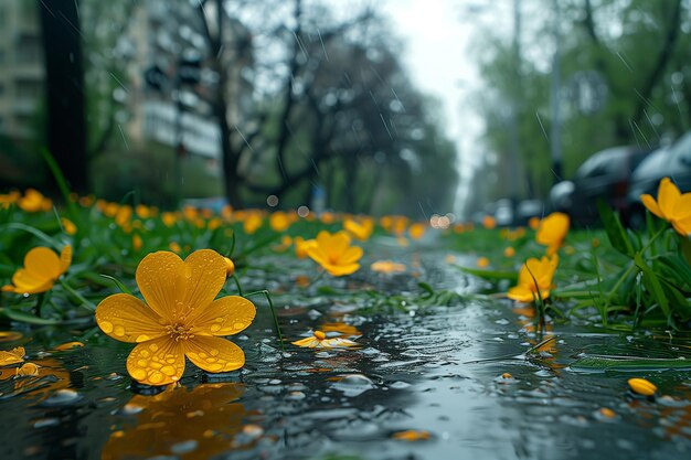 Yellow flowers under rain along city road