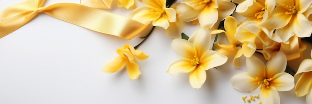 yellow flowers and silk ribbons on white panoramic background flat lay top view composition with cop