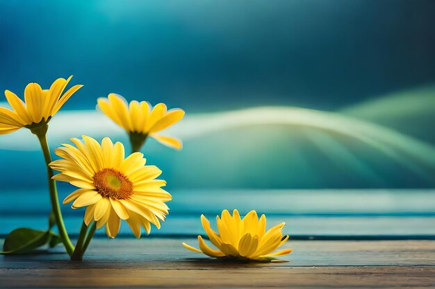 Yellow flowers on a table with a blue background