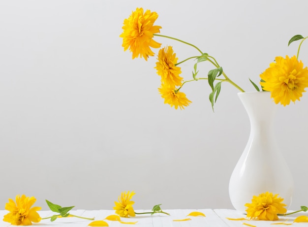 Yellow flowers in vase on white background