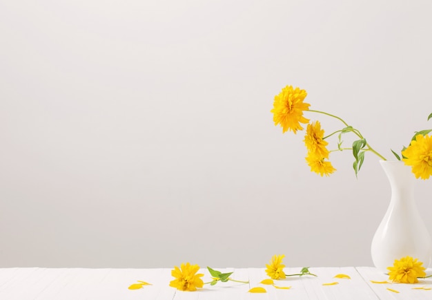 Yellow flowers in vase on white wall