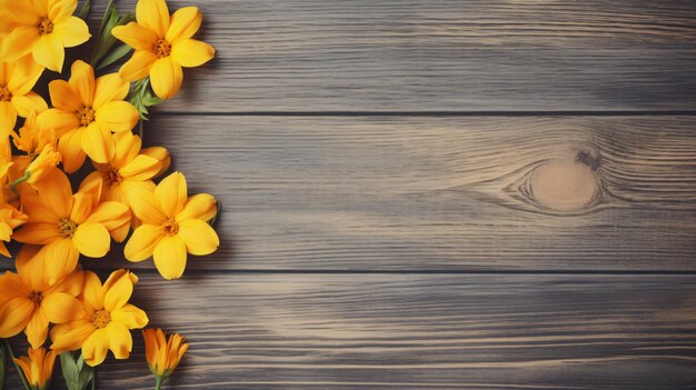 Yellow flowers on vintage wooden background border