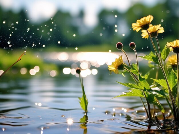 Foto fiori gialli in acqua con gocce di pioggia e sfondo bokeh