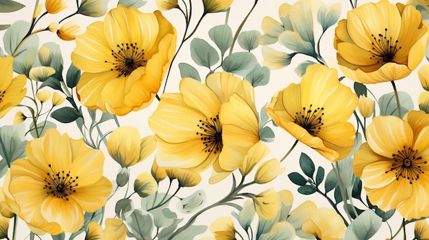 Yellow Flowers Watercolor Seamless Pattern