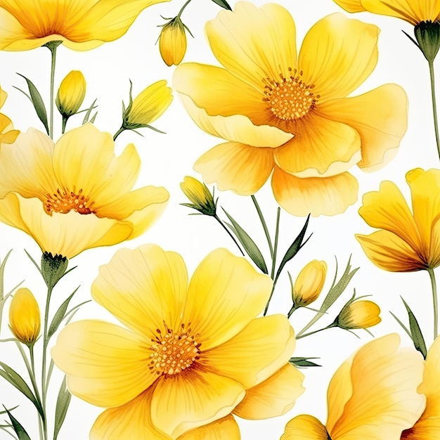 Yellow flowers watercolor seamless patterns