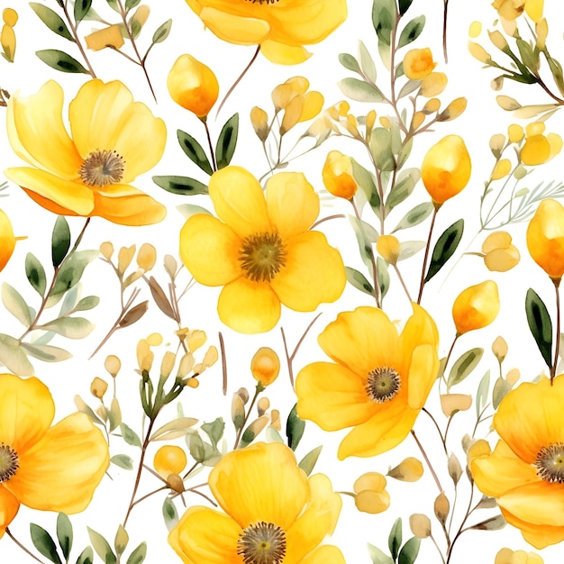 Yellow flowers watercolor seamless patterns