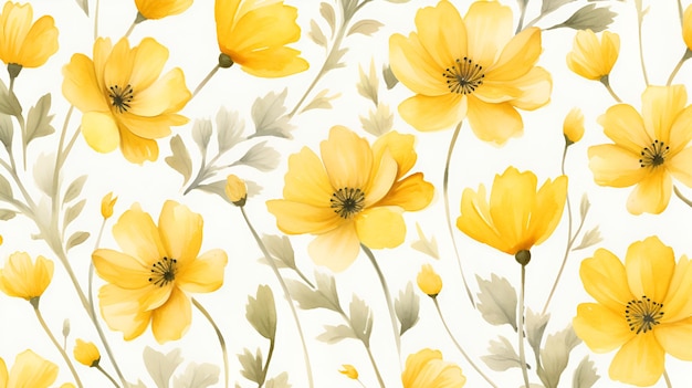 Yellow flowers on a white background Seamless pattern Watercolor Generation AI