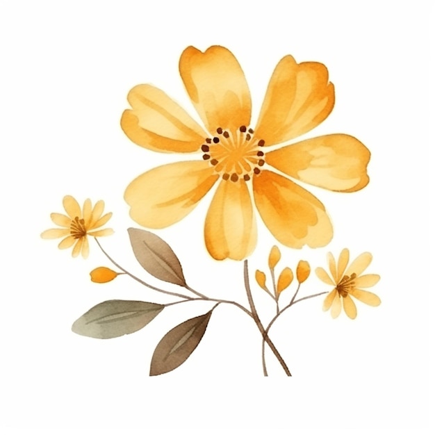 yellow flowers on a white background with leaves and stems generative ai