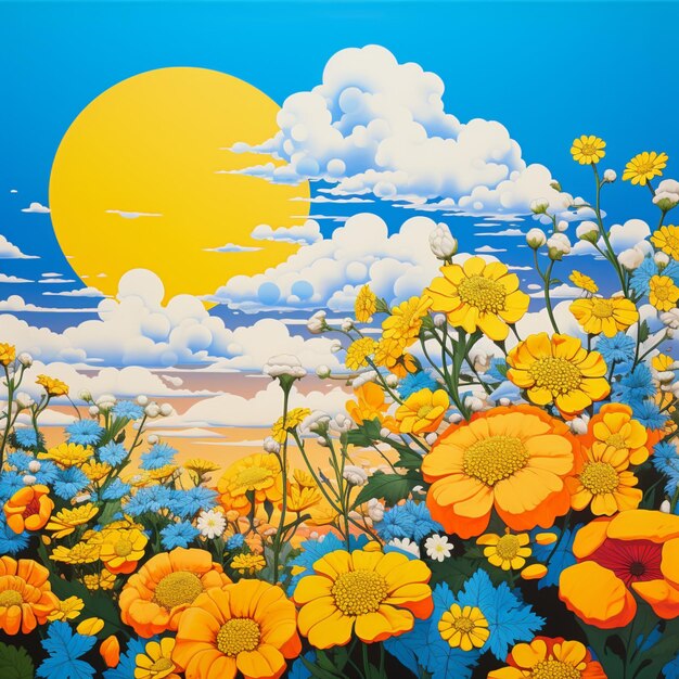 Yellow flowers with clouds background illustration