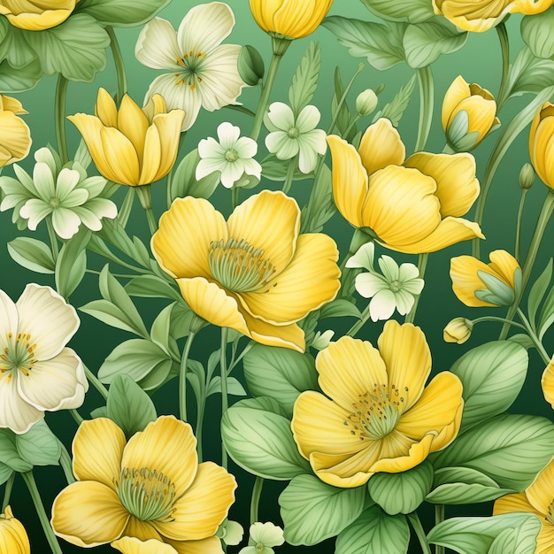 Yellow flowers with green background seamless