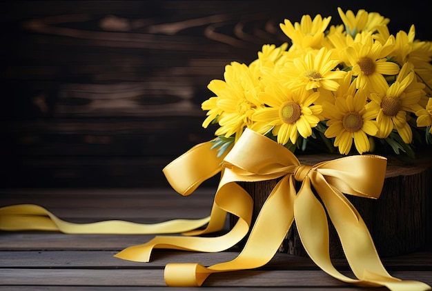 Photo yellow flowers with ribbon on a wooden background