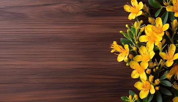 Yellow flowers on wooden background Top view with copy space for your text