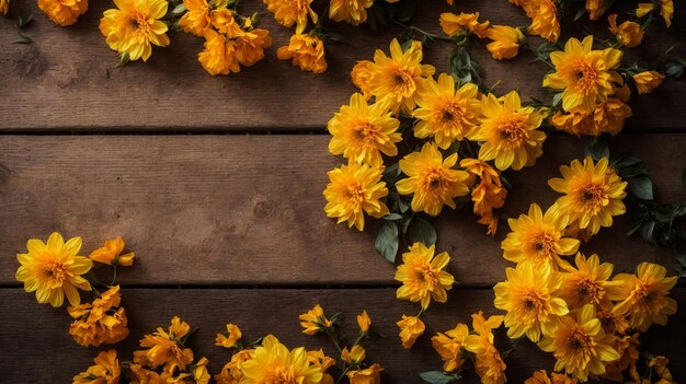 yellow flowers on wooden surface with copy space