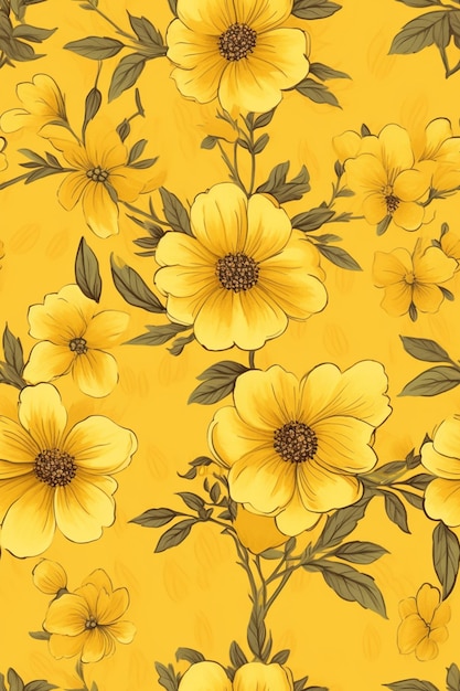 Yellow flowers on a yellow background with green leaves generative ai