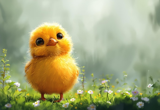 A yellow fluffy chick standing on green grass